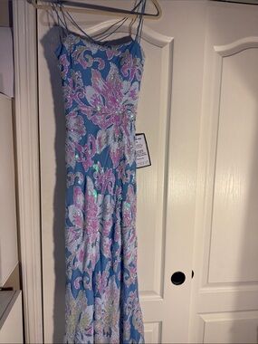 B Darlin Blue Prom Dress with Pink and Silver Sequin Floral Design